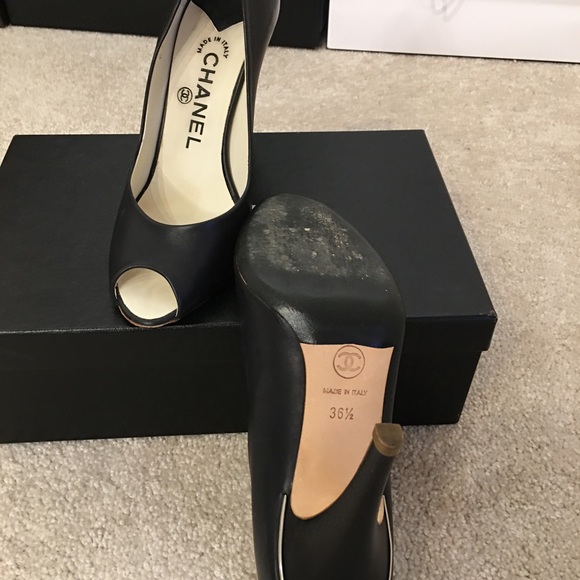 Chanel Calfskin Navy Blue Silver CC Peep Toes Heel - Picture 3 of 5